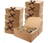 CLKE 10Pcs Kraft Gift Boxes with Lids, 16.5 x 16.5 x 5cm, Brown Kraft Cardboard Box Set with Ribbon, for Wedding Birthday Festival Party Present Packaging