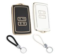 CLKE 2Pcs Car Key Covers, 4 Buttons Key Fob for Renault Fluence Duster Dacia Megane Kadjar-Clio, TPU Key Fob Cover, Key Protection Shell with 2 Keychain (White+Black)