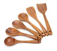 CLKLGEXEAK 6 Piece Teak Wooden Cooking Utensils Set, Large 6-Piece, Rustic Brown, Non-Stick, Easy to Clean, Comfort-Grip, Spoons for, Slotted Turner, Spatula,(6 PCS)