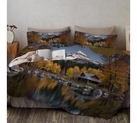 CLMECIBO Forest Lakeside Cabin Bedding Set 135x200cm Autumn Natural Scenery Comforter Cover Print Duvet Covers Set with 1 Pillowcase Soft Microfiber Lightweight Zipper Decorative Quilt Cover 2 Pieces