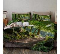 CLMECIBO Forest Rocks Paths Duvet Cover Set with 1 Pillowcase, Easy Care Reversible Tranquil Natural Scenery Comforter Bedding Set, Soft Breathable Polyester Long-Lasting Bed Linen 135x200cm