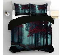 CLMECIBO Red Maple Forest Trails Duvet Cover Set Nordic Scenery Bedding Set with 2 Pillowcases, Turquoise Bedding for Adults 3 Pieces Soft and Comfortable Microfiber - All Seasons Use 260x220cm