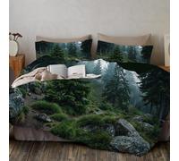 CLMECIBO Rocks Forests Bedding Sets 135x200cm, Nordic Natural Scenery Duvet Cover, Reversible Print Breathable Quilt Cover with 1 Pillowcase, Zipper Closure, Bedroom Decor, Deep Green