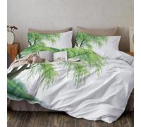 CLMECIBO Weeping Willows Flying Birds Bedding Set 200x200cm Duvet Cover for Bedroom Reversible Minimalist Oriental Style Comforter Cover with 2 Pillowcases, Green Microfiber Bed Covers 3 Pieces