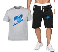 CLMETHE 2 Piece Set Summer Men's Tracksuits for FAIRY TAIL Cotton T-shirt Shorts Leisure Loose Top Tee Pants Beach Holiday Outfits Sportswear Suits Streetwear,A-XL