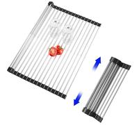 CLNGAI Roll Up Dish Drying Rack, Expandable Over The Sink Dish Drainer,Stainless Steel Kitchen Rolling Sink Rack Space Saving Dish Mat, Length Up to 22.3" (Black, Large Expandable)