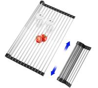 CLNGAI Roll Up Dish Drying Rack, Expandable Over The Sink Dish Drainer,Stainless Steel Kitchen Rolling Sink Rack Space Saving Sink Mat, Length Up to 22.3" (Black, Expandable)