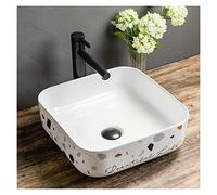 Cloakroom 15.1"X15.1" Square Vessel Sink Modern Porcelain Above Counter White Bathroom Bowl Ceramic Basin with Black Faucet and Pop Up Drain（No Overflow Hole） Wash Basin