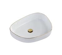 Cloakroom Bathroom Vessel Sink 21.6"X15.3" Ceramic Basin with Gold Edge Decoration Modern Above Counter Vanity Bowl, Glossy White Wash Basin