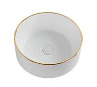 Cloakroom Elegant White Bathroom Vessel Sink Round Above Counter Porcelain Ceramic Wash Basin Bowl for Hotel Vanity Cabinet with Pop Up Drain and Gold Edge Decoration Countertop(40cmx11cm)