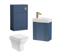 Cloakroom Suite - Fluted Wall Hung Vanity, WC, Toilet and Tap - Blue/Brass