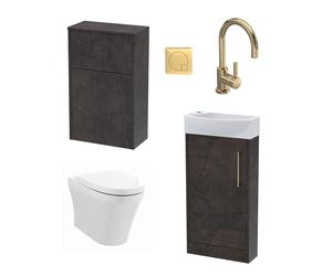 Cloakroom Suite - Right Hand 440mm Vanity, WC Unit, Toilet and Tap - Slate/Brass