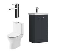 Balterley Vanity Unit with Basin, Handle, Toilet Pan, Seat, Cistern, Mixer Tap, Floor Standing 2 Door Soft Close Vanity Unit, Toilet Pan with Soft Close Seat, Mono Basin Mixer Tap (Dark Grey/Chrome)