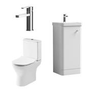 Balterley Vanity Unit with Basin, Toilet Pan, Seat, Cistern, Mixer Tap, Floor Standing Single Door Soft Close Vanity Unit, Toilet Pan with Soft Close Seat, Mono Basin Mixer Tap (White/Chrome)