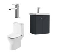 Cloakroom Suite - Wall Hung 500mm Vanity, Toilet and Tap Set - Soft Black