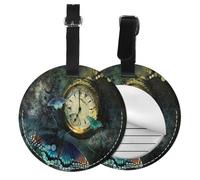 Clock Butterfly Print Round Luggage Tag 10 Cm, Pu Leather Suitcase Label, Luggage Tags for Cruise Ships Suitcase Tags Beach Malibu Print Privacy Cover Id Label