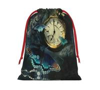 Clock Butterfly Print Santa Sack Drawstring Bags For Presents, Reusable Plush Holiday Fabric Gift Bags- L Size