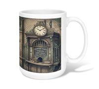Clock Ceramic Coffee Mug, Vintage Art Ticket Office Brick Wall Brown Novelty Tea Mug with Handle Ideal for Friendship Family Colleague Staff Sweetheart Teachers 15 Oz
