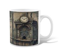 Clock Ceramic Coffee Mug, Vintage Art Ticket Office Brick Wall Brown Novelty Work Drinking Mugs with Handle Ideal for Friendship Family Colleague Teachers Sweetheart Staff 11 Oz