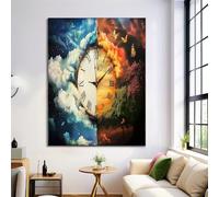 Clock Clouds Wall Art Paintings for Living Room, Abstract Paintings Canvas Artwork for Walls, Dreams Landscape Blue-Orange Prints for Office Wall Decor - Size 16x20in