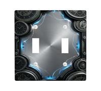 Clock Double Light Switch Cover Plate, Industrial Steampunk Gear Lightning None Metallic Plastic Standard Size Wall Switch Plates Accents for Home Living Room New Apartment Decor