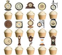 Clock Party Cupcake Toppers, 48PCS Double Sided Retro Vintage Time Theme Decorations for Birthday Baby Shower