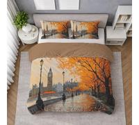 Clock Tower Leaf Quilt Cover Duvet Cover Set, Bedding Set in Rich Orange Microfibre with Pillowcases, Scenery, Reversible, Easy Care, Soft Feel, Small Double 180 X 220 cm, Smooth Touch