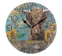 Clocks Non-Ticking Wall Clock Simple Clock For Decor Indoor Classroom 25cm Highland Cow And Sunflowers On Teal Wooden