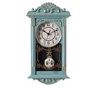 Clockswise Vintage Grandfather Wood-Looking Plastic Pendulum Decorative Battery-Operated Wall Clock, for Office, Home Decor, Living Room, Kitchen, or Dining Room, Blue with Gold Distressed Design