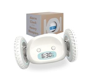 CLOCKY Alarm Clock on Wheels (Authentic) | Extra Loud for Heavy Sleeper (Adult or Kid Bed-Room Robot Clockie) Funny, Rolling, Run-away, Moving, Jumping (White)