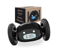 CLOCKY Alarm Clock on Wheels (Original) | Extra Loud for Heavy Sleeper (Adult or Kid Bed-Room Robot Clockie) Funny, Rolling, Run-Away, Moving, Jumping (Black Wheels)
