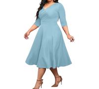 CLOCOR Women's Plus Size Midi Dress 3/4 Sleeve A-Line Swing Dress V Neck Flowy Casual Dresses, Light Blue, 6XL