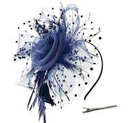 ClodeEU Feather Fascinator Hats Headband for Women, Women Flower Mesh Ribbons Feathers Headband Cocktail Tea Party Hat Headwear, Navy_a017,One Size