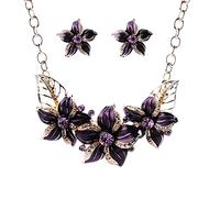 ClodeEU Jewelry Gift for Women Girls, Gardenia Painting Oil Clavicle Chain Rhinestone Short Necklace Earring Set Flower Drop Oil Set Chain for Women Men Couple Purple, One Size