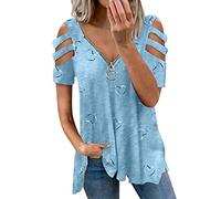 ClodeEU Women Floral Blouse Off Shoulder T Shirt Casual Fashion Printed Zipper V-Neck Short Sleeve Tank Top T-Shirt Blouse Ladies Clothes for Easter St. Patrick's Day, White_e005