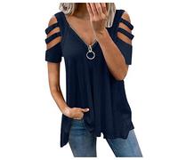 ClodeEU Women Off Shoulder Tops Sexy Pleated V-Neck Collar Zipper Color Short Sleeve Fold Casual Blouse Tops Clothes for St. Patrick's Day Easter, Navy, L