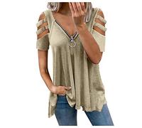 ClodeEU Women Off Shoulder Tops Sexy Pleated V-Neck Collar Zipper Color Short Sleeve Fold Casual Blouse Tops Clothes for St. Patrick's Day Easter, Khaki_a06, L