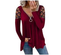 ClodeEU Women Vintage Zip Up Blouse Tops V Neck Hollow Sleeve Rhinestone Solid Blouse Tunic T-Shirt Elehant Pullover Ladies Dressy T Shirt Holiday Party Jumper Sweatshirt Tee Wine, L
