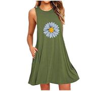 ClodeEU Women's Nightdresses Sexy Nighties Fashion Pocket Daisy Printing Sleeveless A-Line Casual Nightdress Dresses Loungewear Gifts for Women Army Green