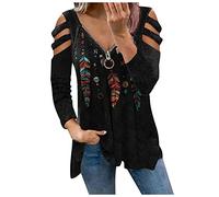ClodeEU Women's Off Shoulder T Shirt Fall Long Sleeve Vintage Prints Loose Casual V-Neck Blouse Ladies Zipper Up Jumper Pullover, Black_4