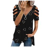 ClodeEU Womens Short Sleeve Tops Summer Hollowed Out Rhinestone V Neck Loose Solid T Shirts Zipper Tee Blouse Solid Color Pullover Tunic Tops, A_blue, M