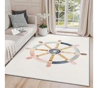 Clofmor Machine Washable Rug - Nautical Rugs for Living Room, Maritime Sailor Rudder Non Slip Low Pile Bedroom Carpet Home Decoration, 140x200cm, Beige