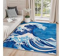 Clofmor Machine Washable Rug - Ocean Wave Rugs for Living Room, Japanese the Great Wave Non Slip Low Pile Bedroom Carpet Home Decoration, 140x200cm, Blue White