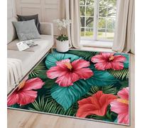 Clofmor Machine Washable Rug - Tropical Rugs for Living Room, Floral Palm Leaf Hawaiian Non Slip Low Pile Bedroom Carpet Home Decoration, 140x200cm, Red Green