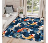 Clofmor Non Slip Rug - Koi Fish Rug for Bedroom, Japanese Traditional Oriental Washable Short Pile Carpet House Decoration, 80x120cm, Navy Blue Orange
