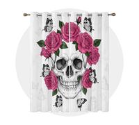 Clofmor Skull Kitchen Curtains for Windows - Rose Skeleton Gothic Blackout Eyelet Curtain 54 Drop, Short Curtains for Bedroom, W46 X D54, 2 Panels Drapes Home Decor