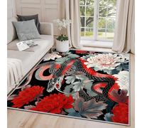 Clofmor Small Mats and Rugs Indoor - Japanese Rugs for Bedroom, Snake Peony Floral Traditional Washable Non Slip Entrance Rug Room Decoration, 60x90cm, Red Black
