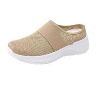 Clogs for Women Breathable Mules Wide Width Closed Toe Slip On Wedge Mule Shoes Summer Comfortable Hollow Out Crochet Mesh Sandals Casual Loafers (Beige, 6.5)