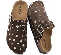 Clogs for Women Mens Suede Clogs Adjustable Buckle Comfort Slippers Fashion Studded Slip On Slippers Potato Shoes with Arch Support Brown