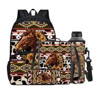 CLOHOMIN Aztec Horse Backpack for Kids with Lunchbox 3rd Grade Elementary School Bag and Lunch Bag Pencil Case Water Bottle Pouch Cow Print Children Bookbag Set of 4 Pink Book Bag for Girls Boys 6-8